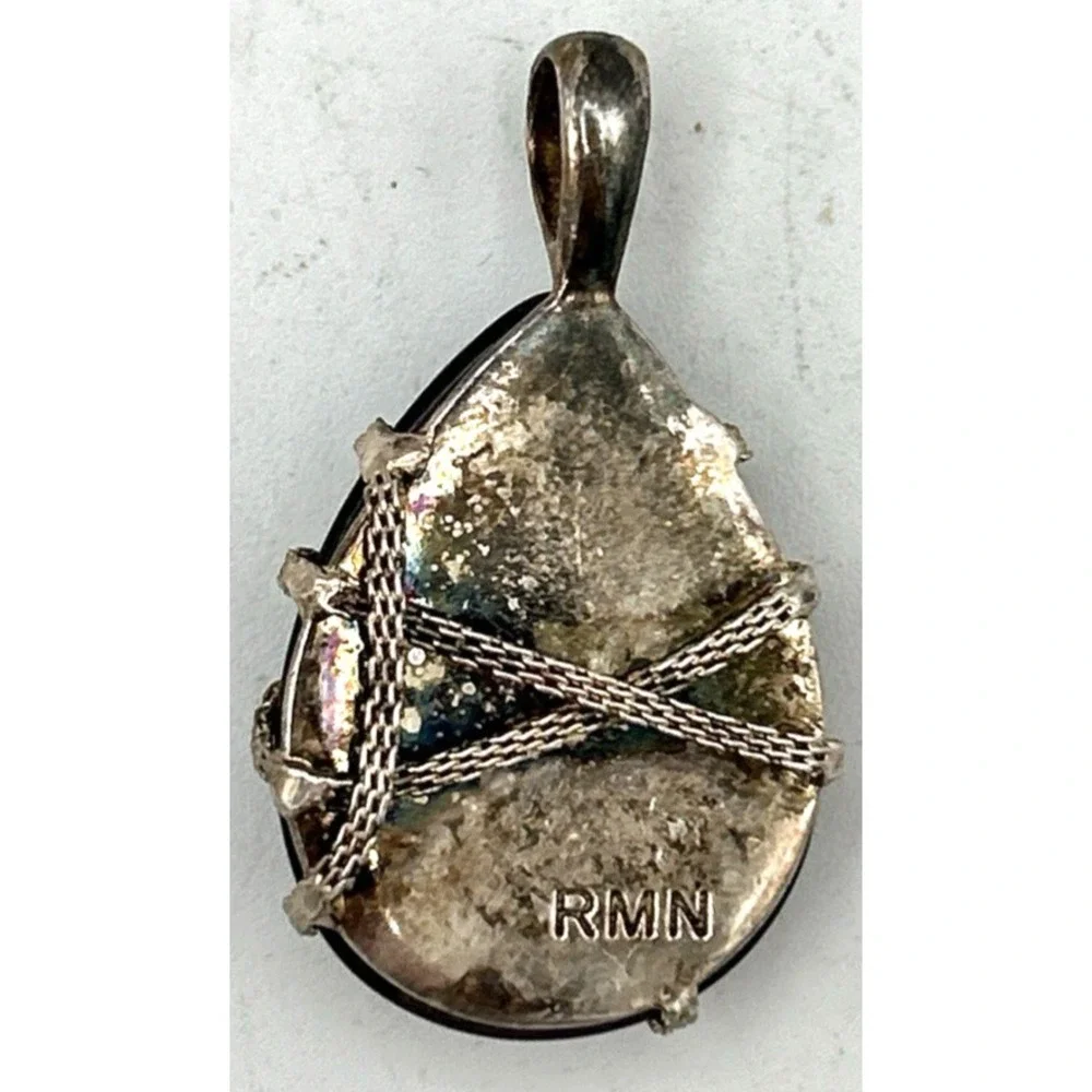 VTG RMN Apache Tear Pendant Black Wire Wrapped Silver Plated 1.75
